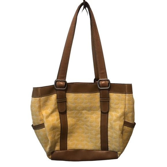 Fossil Marley Double Handle Shoulder Bag Shopper Yellow Canvas Leather 14X11 - Picture 2 of 14